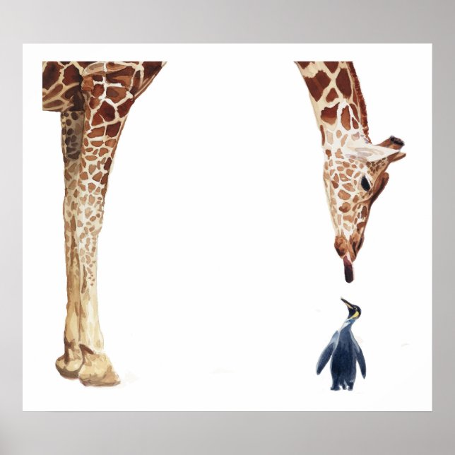 "Licker mit Pinguin" Giraffe Wasserfarbe Poster (Vorne)