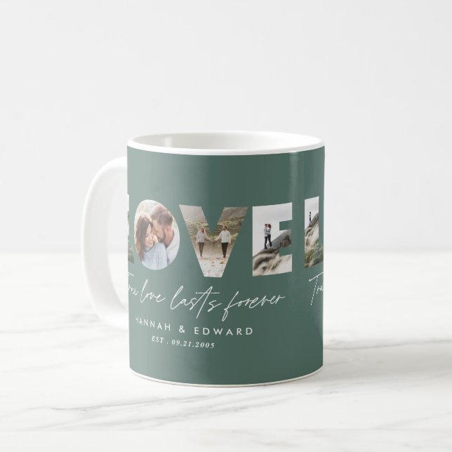 Liebe 4 Foto Modernes, personalisiertes Grün Kaffeetasse (Vorderseite Links)