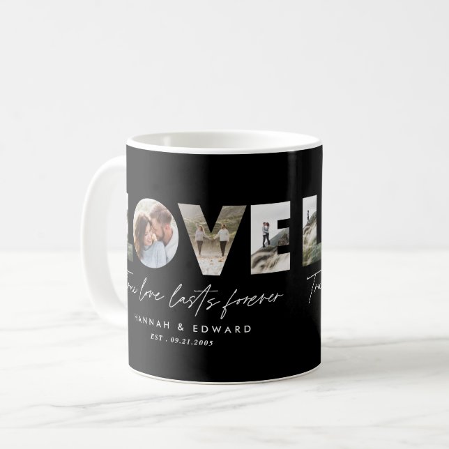 Liebe 4 Foto Modernes personalisiertes Schwarz Kaffeetasse (Vorderseite Links)