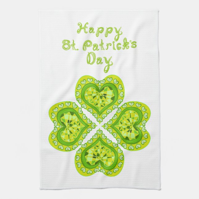 LIEBE 4 Leaf Herz Diamonds St Patricks Day Fabric Geschirrtuch (Vertikal)