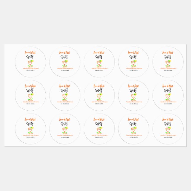 Liebe am ersten Spritz Orange Black Brautparty GL Etiketten (Blatt)