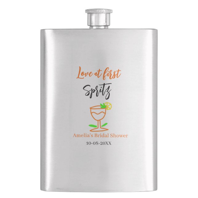 Liebe am ersten Spritz Orange Black Brautparty GL Flachmann (Vorderseite)