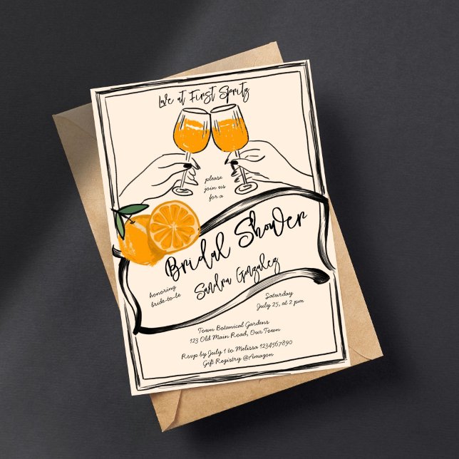 Liebe am ersten Spritz Retro-Orangenkizze Einladung (Love at first spritz retro orange rough sketch bridal shower invitation template digital download )