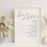 Liebe am First Bite Wedding Desserts Menu Sign Poster<br><div class="desc">Auf Wunsch kreierte Hochzeitsdesserts-Menü-Plakatzeichen mit eleganter Herzkalligraphie mit modernem Schwarz-Weiß-Design und "Liebe beim ersten Biss".</div>