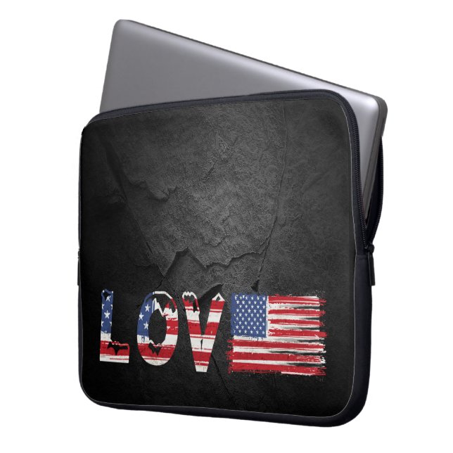 Liebe Amerikanische Flagge auf schwarzem Rock Laptopschutzhülle (Vorderseite Links)