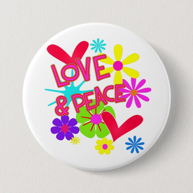 Liebe and Peace Blume Power Retro Hippie Graphic Button (Vorderseite)