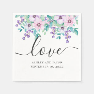 Liebe. Aquarell lila und rosa florale Hochzeit Serviette