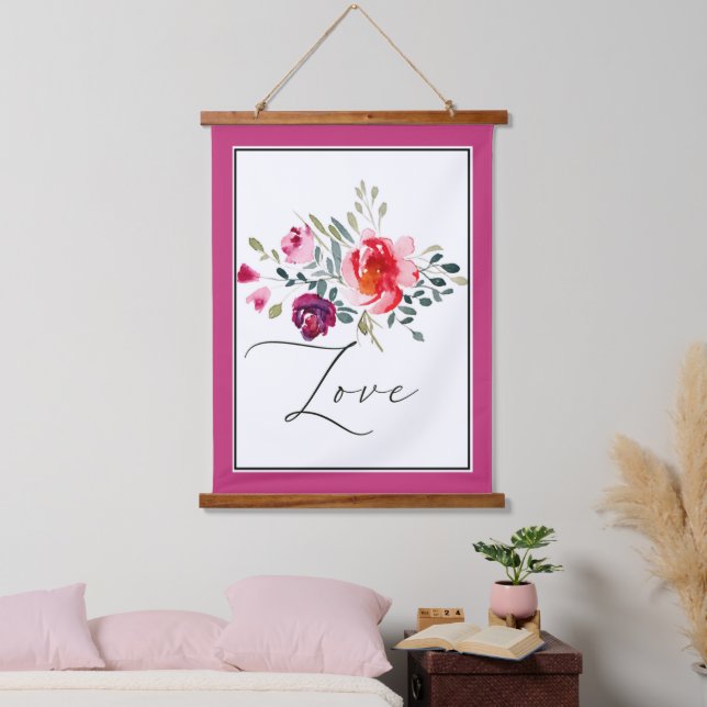 Liebe Aquarell Rote Blüte Wandteppich Mit Holzrahmen (Schlafzimmer)