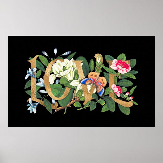 Liebe aus Gold Vintager botanischer Blütenschwarz Poster (Vorne)
