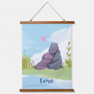 Liebe, Baby Hippo und ihre Mutter Wandteppich Mit Holzrahmen