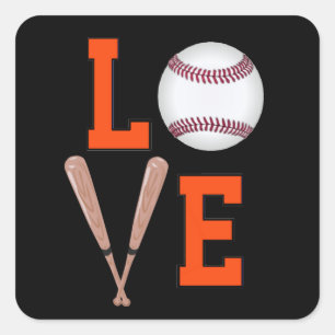 Liebe-Baseball (Orange u. Schwarzes) Quadratischer Aufkleber