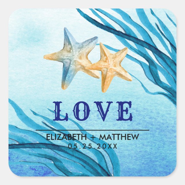 Liebe. Beach Starfish Custom Wedding Quadratischer Aufkleber (Vorderseite)