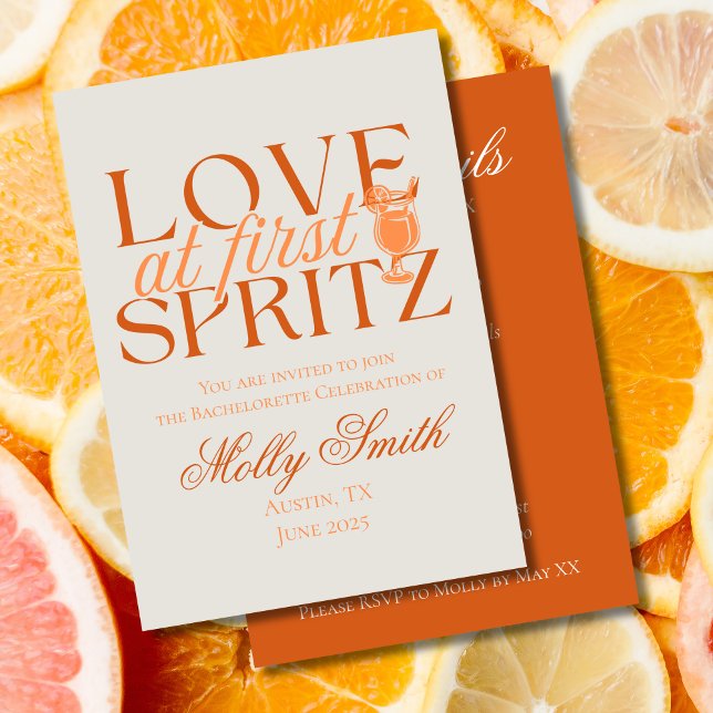 Liebe bei First Spritz - Fun Orange Bachelorette Einladung (Love at First Spritz invite with modern orange font – perfect for engagement or bridal celebrations!)