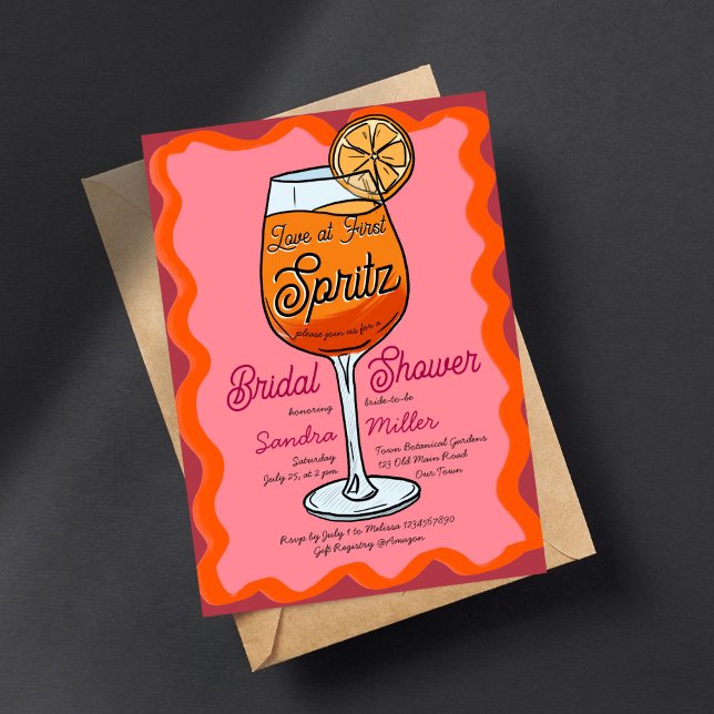 Liebe beim ersten Spritz Retro wavey Orange Sketch Einladung (Love at first spritz retro wavey orange pink sketch invitation template digital download Squiggle)