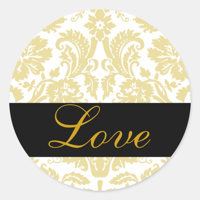 Liebe Black & Gold Damask Hochzeitsticker Runder Aufkleber (Vorderseite)