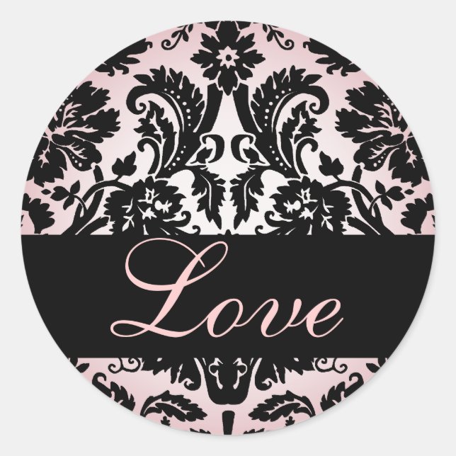 Liebe Black & Pink Damask Hochzeitsticker Runder Aufkleber (Vorderseite)