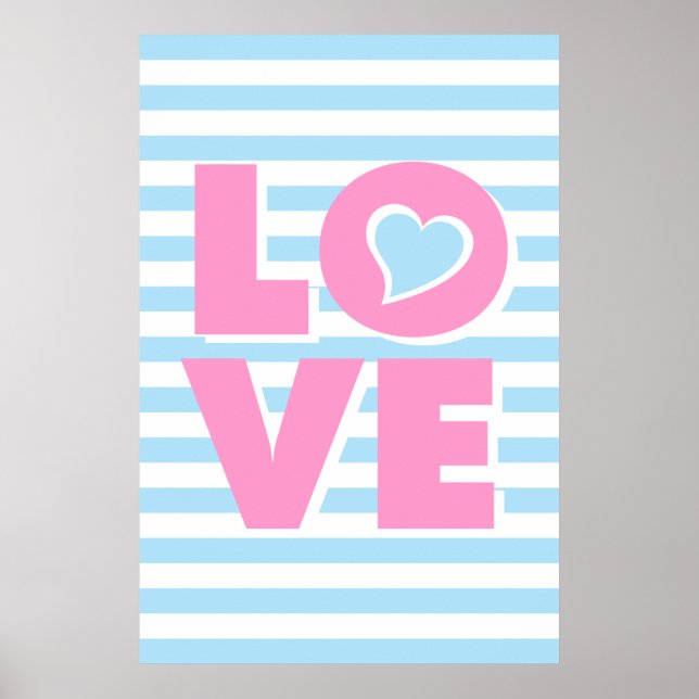 LIEBE, blaues Herz, Typografie-Plakat, Valentine Poster (Vorne)