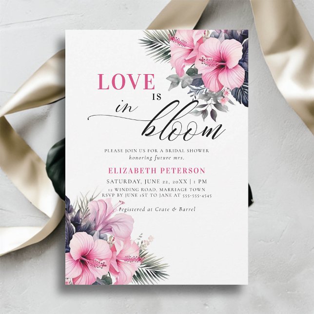 Liebe Bloom Hibisken Tropisches rosa Brautparty Einladung (love is in bloom bridal shower invitation tropical pink hibiscus flowers floral frame elegant chic)