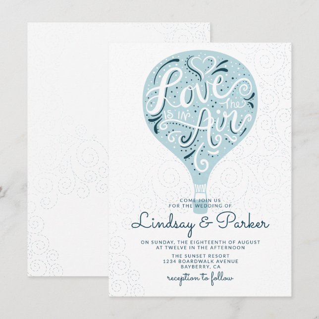 Liebe Blue Hot Air Ballon Hochzeit mit Handschrift Einladung (Vorne/Hinten)