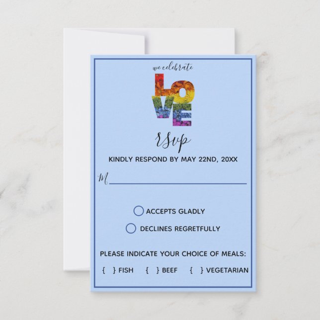 LIEBE Blue Themed Blume Same Sex Hochzeit RSVP Aut Karte (Vorderseite)