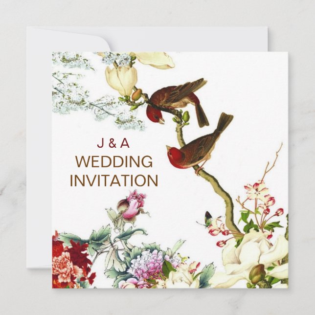 Liebe Blühend Vögel & Blume Hochzeitseinladungen © Einladung (Vorderseite)