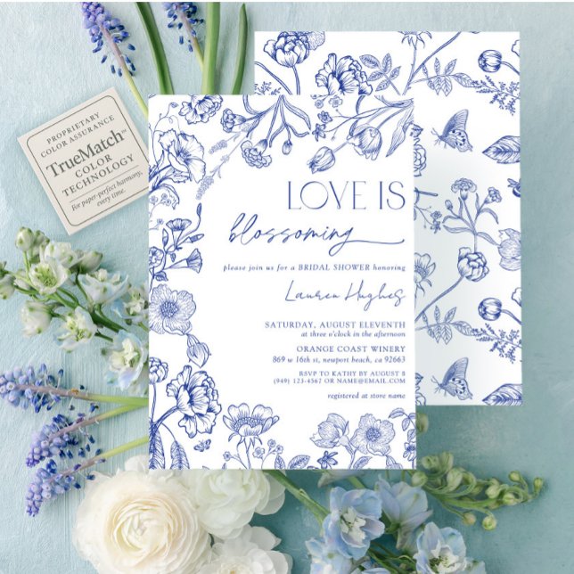 Liebe blüht Blauer Vintage Blumendusche Einladung (Von Creator hochgeladen)