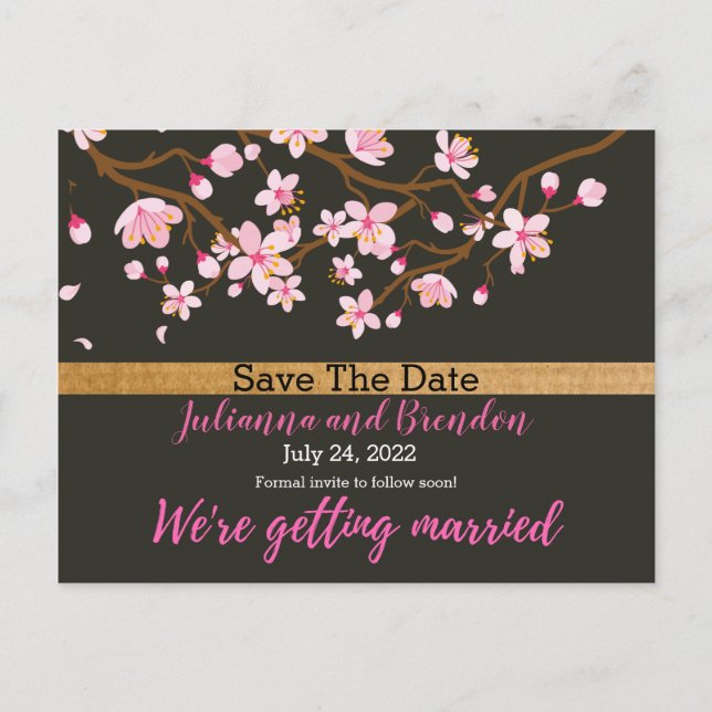 Liebe blüht Kirschblossom Save the Date Anno Postkarte (Vorderseite)