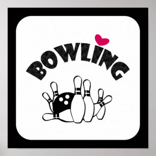 Liebe Bowling - B&W Bowling Buttone und Ball Poster
