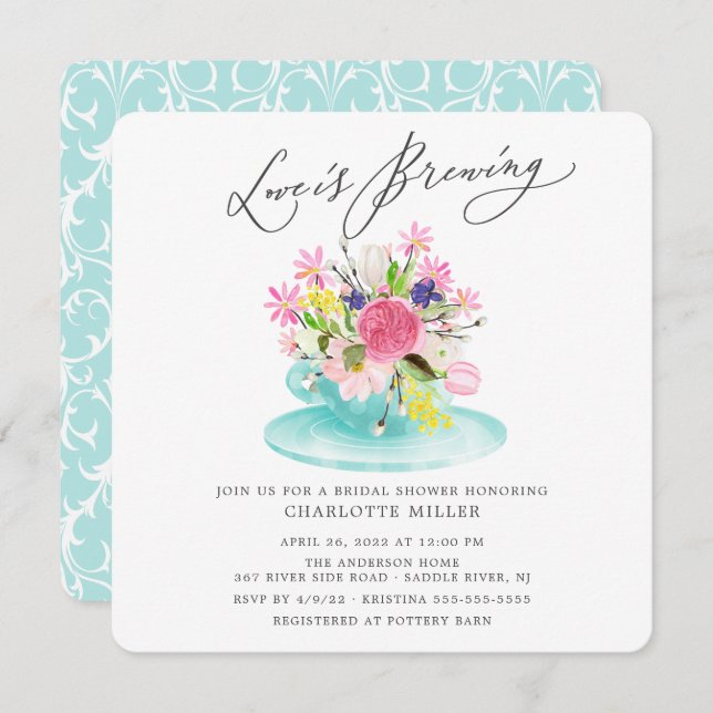 Liebe Brauen Blumenbraun Teedusche Einladung (Vorne/Hinten)