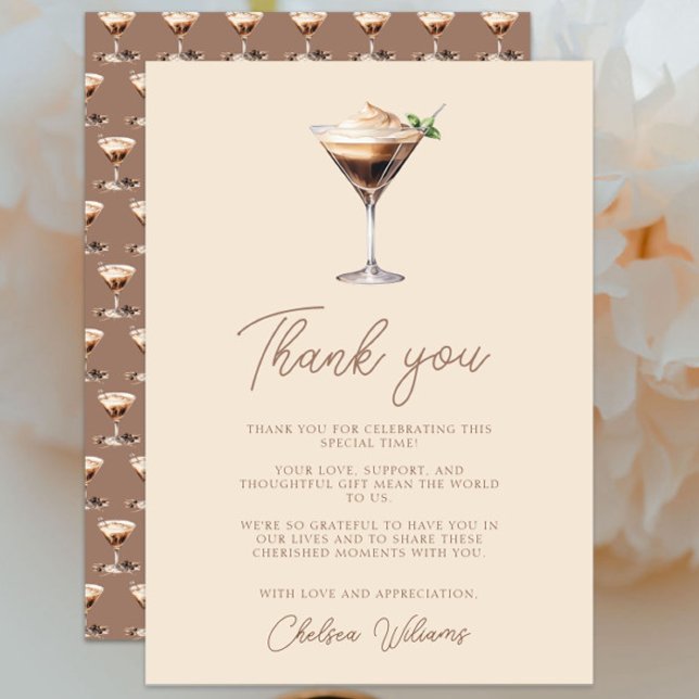 Liebe Braut Espresso Martini Brautparty Dankeskarte (Love is Brewing Espresso Martini Bridal Shower Thank You Card, Elegant Chic Modern, Cream Brown)