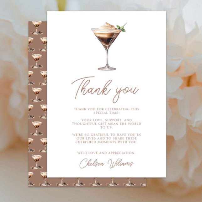 Liebe Braut Espresso Martini Brautparty Dankeskarte (Love is Brewing Espresso Martini Bridal Shower Thank You Card, Elegant Chic Modern, Mocha Brown)