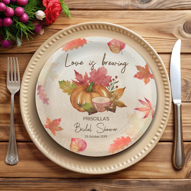 Liebe braut Herbst Brautparty Pappteller (Love is brewing fall autumn bridal shower monogrammed customized paper plates personalized decor)