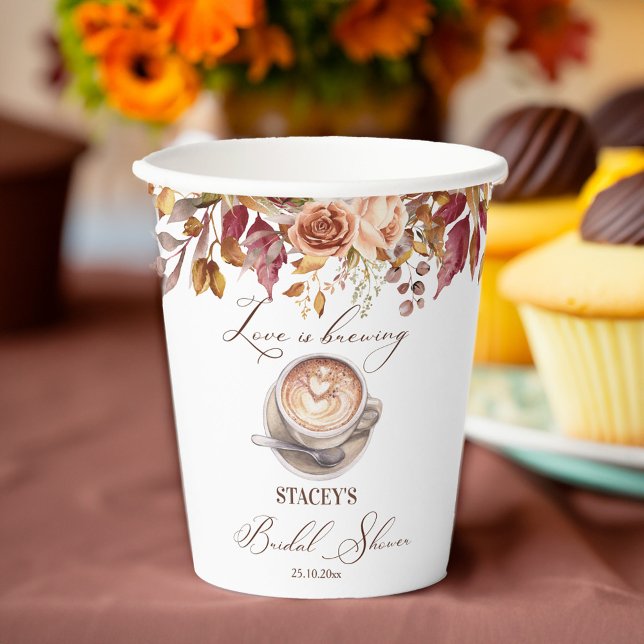 Liebe braut Kaffee fallen Brautparty Pappbecher (Love is brewing coffee fall bridal shower monogram personalized paper cups tableware table decor)