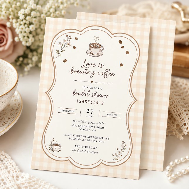 Liebe Braut Kaffee Rustikales Beige Benutzerdefini Einladung (Love Is Brewing Coffee Rustic Beige Custom Invitation)
