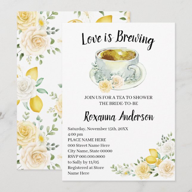 Liebe Braut Zitronen & Rose Tee Brautparty Einladung (Vorne/Hinten)