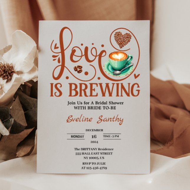 Liebe bricht Cappuccino Herz Brautparty Einladung (love is brewing coffee theme wedding bridal shower heart bean brown greenery cup chic elegant simple)