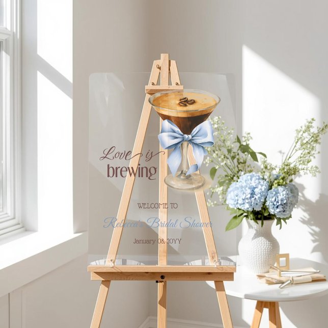 Liebe brodelt Blue Bow Kaffee Brautparty Acrylschild (Von Creator hochgeladen)