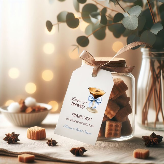 Liebe brodelt Blue Bow Kaffee Brautparty Geschenkanhänger (Von Creator hochgeladen)
