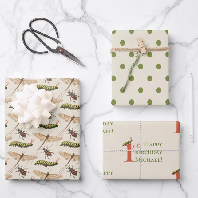 Liebe Bug Insect Individuelle Name 1. Geburtstag Geschenkpapier Set (Vorderseite)