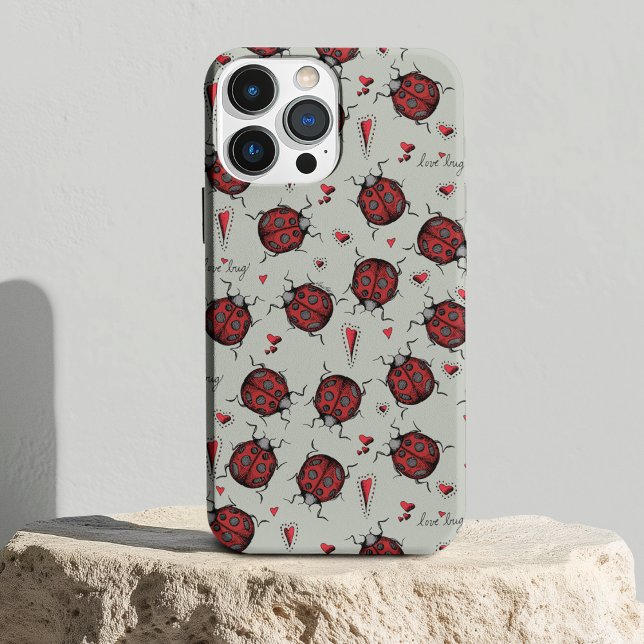 Liebe-Bug-Insekt Case-Mate iPhone Hülle (Cute Hand-Drawn Red Ladybugs, Red Hearts & Hand-Written "Love Bug" against a Sage Green Background.)