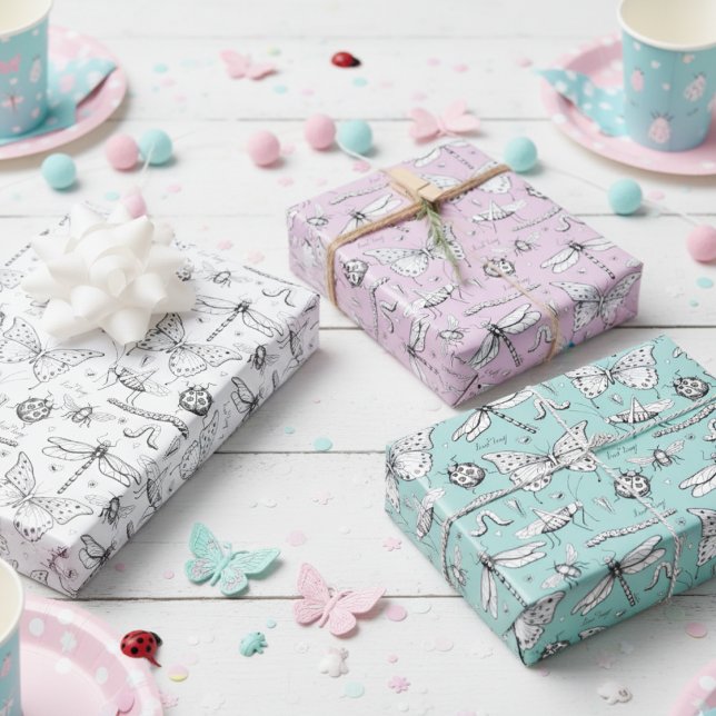 Liebe Bug Niedliche Insekten Schmetterling, Lady B Geschenkpapier Set (Cute Girly Insects Pattern Wrapping Paper for Little Girl. Bugs, Beetles, Butterflies, Ladybugs, Bee)