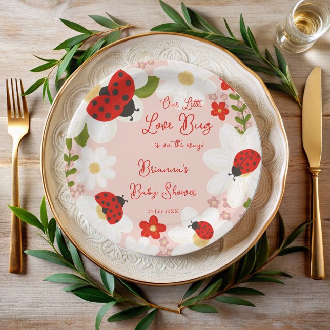 Liebe Bug niedliche Ladybug Babydusche mit Monogra Pappteller (Love bug cute ladybug baby shower monogrammed paper plates personalized ladybug table decor)