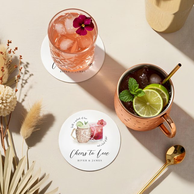 Liebe Cocktail Drinks Hochzeiten Runder Pappuntersetzer (Cheers to Love Watercolor Cocktail Drinks Wedding Round Paper Coaster)