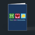 Liebe Construction Company Feiertagskarte<br><div class="desc">Friedenskonsolidierung Liebe Eine coole Baufirma für Ihre Arbeiter mit einem Friedenszeichen,  einem Herz und einem gelben harten Hut. Ein schönes Geschenk für einen Vorarbeiter,  der seiner Crew oder seinem Gebäude-Arbeiter etwas geben kann.</div>