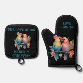 Liebe Cooking - The Love Birds - Personalisiert Ofenhandschuh & Topflappen-Set