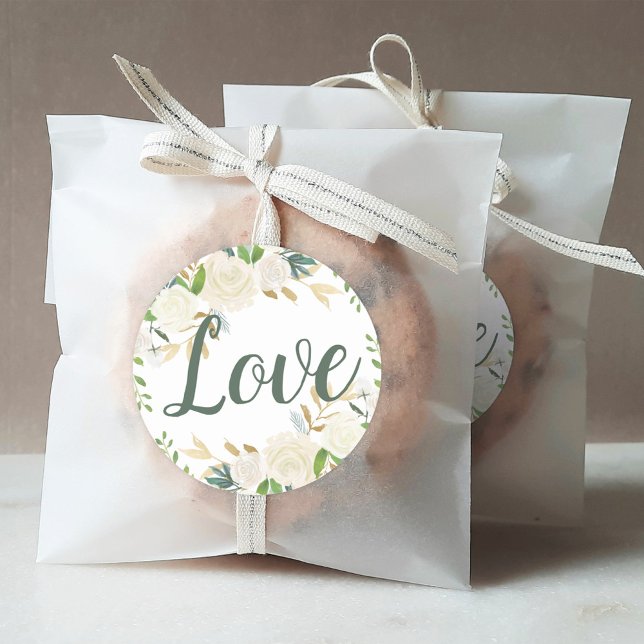 Liebe Cream Gold Blumengrün Hochzeit Runder Aufkleber (Von Creator hochgeladen)