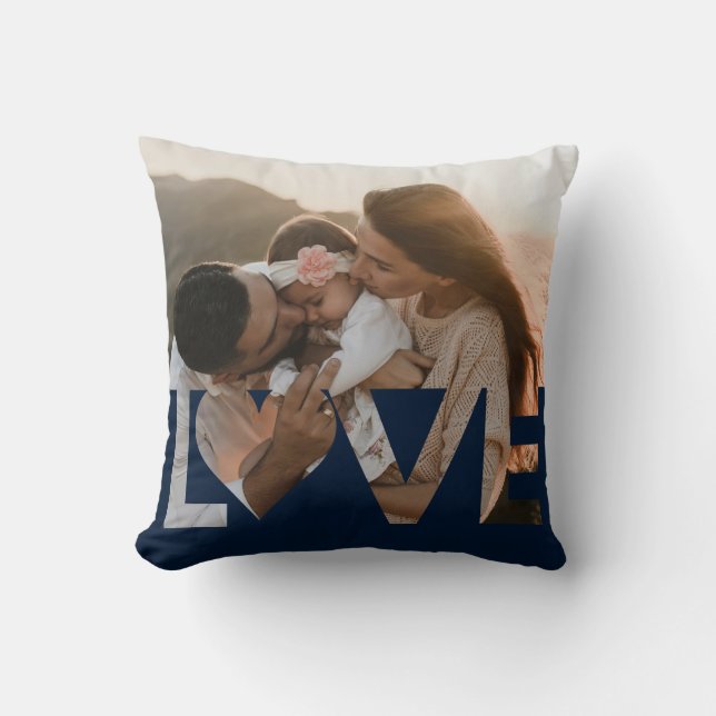 Liebe Custom Family Foto Dunkelblau Kissen (Vorderseite)