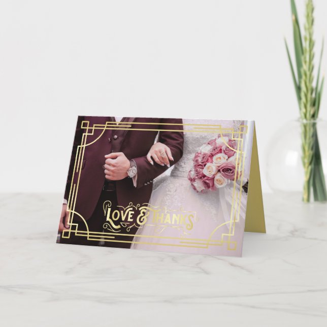 Liebe & Dank Art Deco Burgund Wedding Foto Karte (Vorderseite)