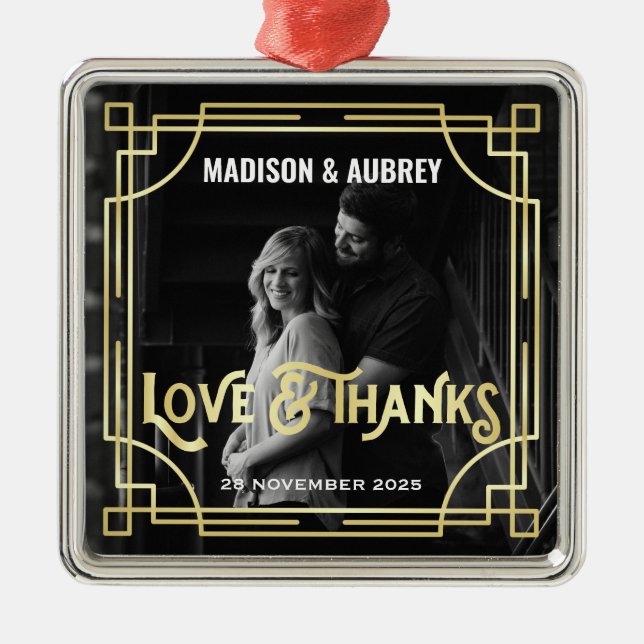 Liebe & Dank Art Deco Wedding Gold Ihr Foto hinzuf Ornament Aus Metall (Vorne)