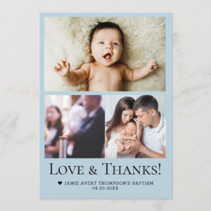 Liebe & Dank Baby-Taufe Fotocollage blau Dankeskarte